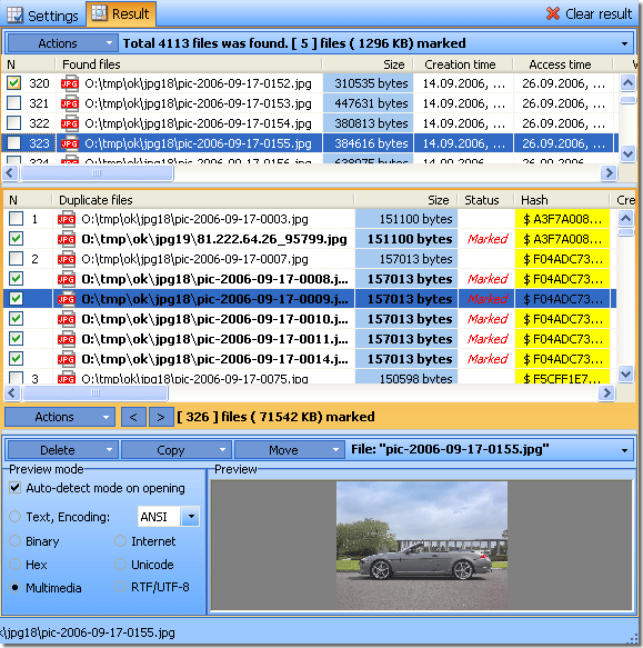 Result: List of clone files 